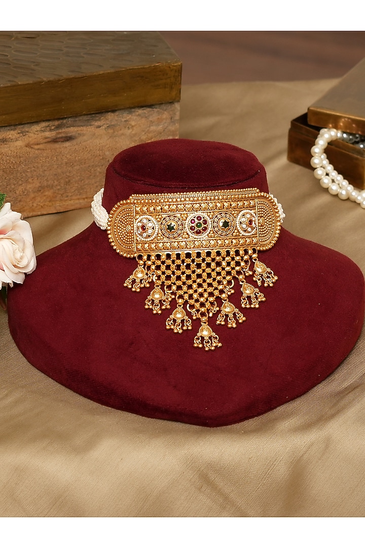 Gold Finish Kundan Polki Choker Necklace Set by Beryachi at Pernia's Pop Up Shop