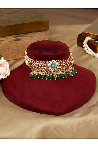 Gold Finish Mint Kundan Stone Choker Necklace Set by beryachi
