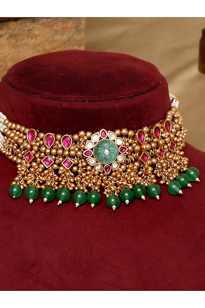 Gold Finish Mint Kundan Stone Choker Necklace Set by Beryachi at Pernia's Pop Up Shop