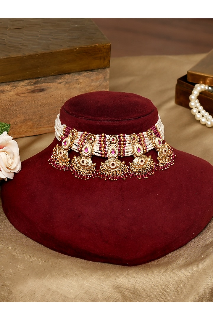 Gold Finish Kundan Polki & Pearl Choker Necklace Set by Beryachi at Pernia's Pop Up Shop