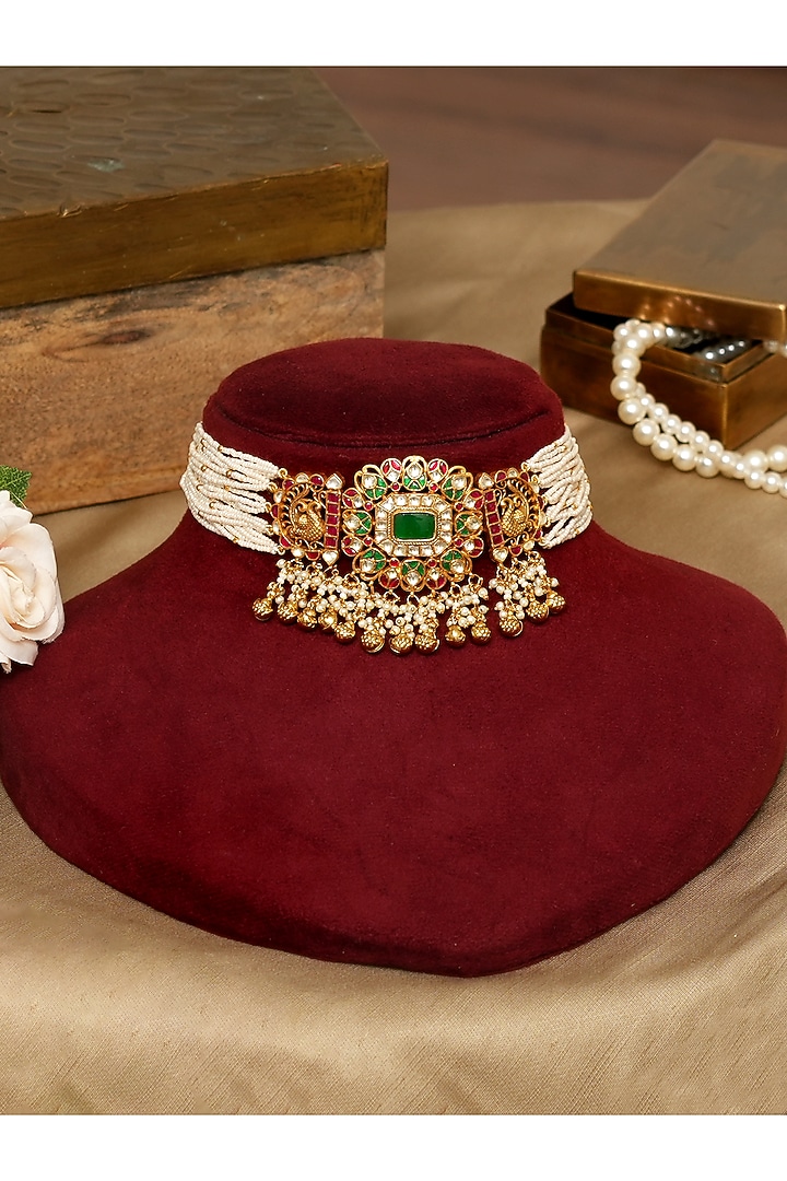 Gold Plated Pachi Kundan Polki Choker Necklace Set by Beryachi at Pernia's Pop Up Shop