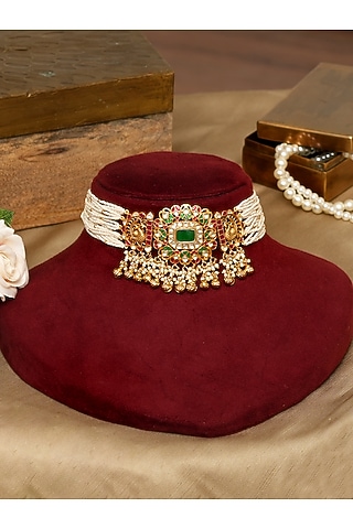 Gold Plated Pachi Kundan Polki Choker Necklace Set by Beryachi