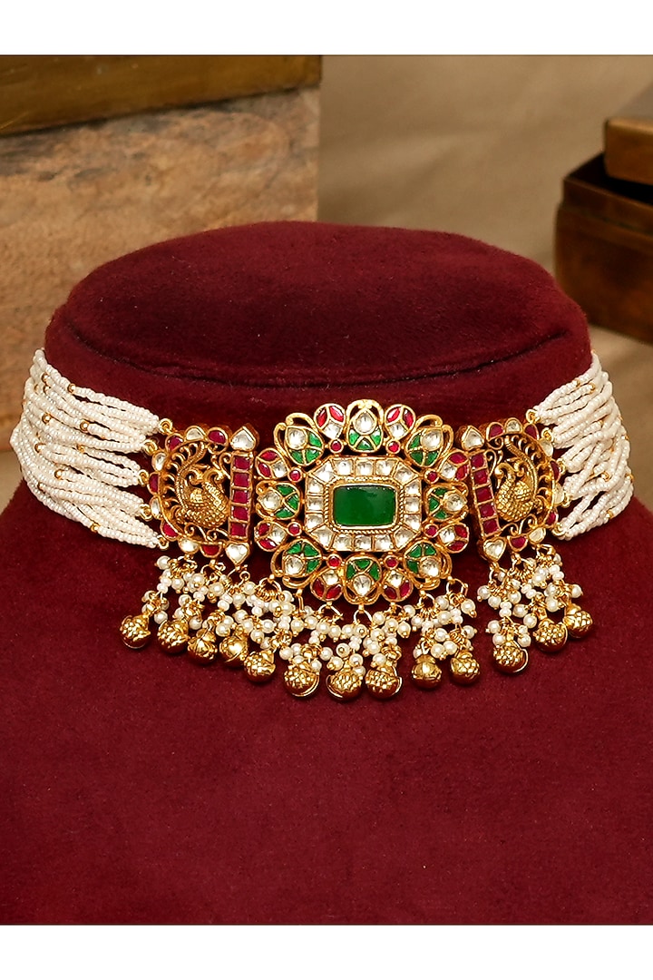 Gold Plated Pachi Kundan Polki Choker Necklace Set by Beryachi at Pernia's Pop Up Shop
