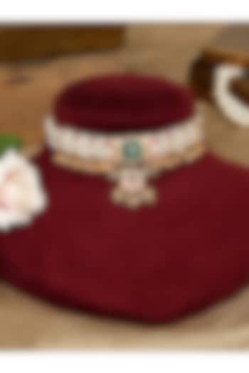 Gold Finish Kundan Polki & Pearl Choker Necklace Set by Beryachi at Pernia's Pop Up Shop
