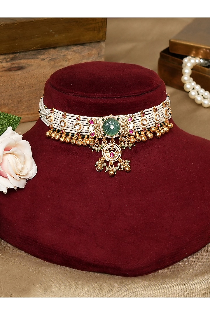 Gold Finish Kundan Polki & Pearl Choker Necklace Set by Beryachi at Pernia's Pop Up Shop