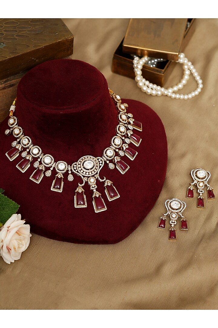 Gold Finish Kundan Polki & Ruby Stone Choker Necklace Set by Beryachi at Pernia's Pop Up Shop