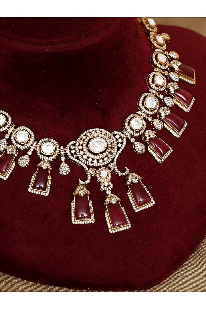 Gold Finish Kundan Polki & Ruby Stone Choker Necklace Set by Beryachi at Pernia's Pop Up Shop