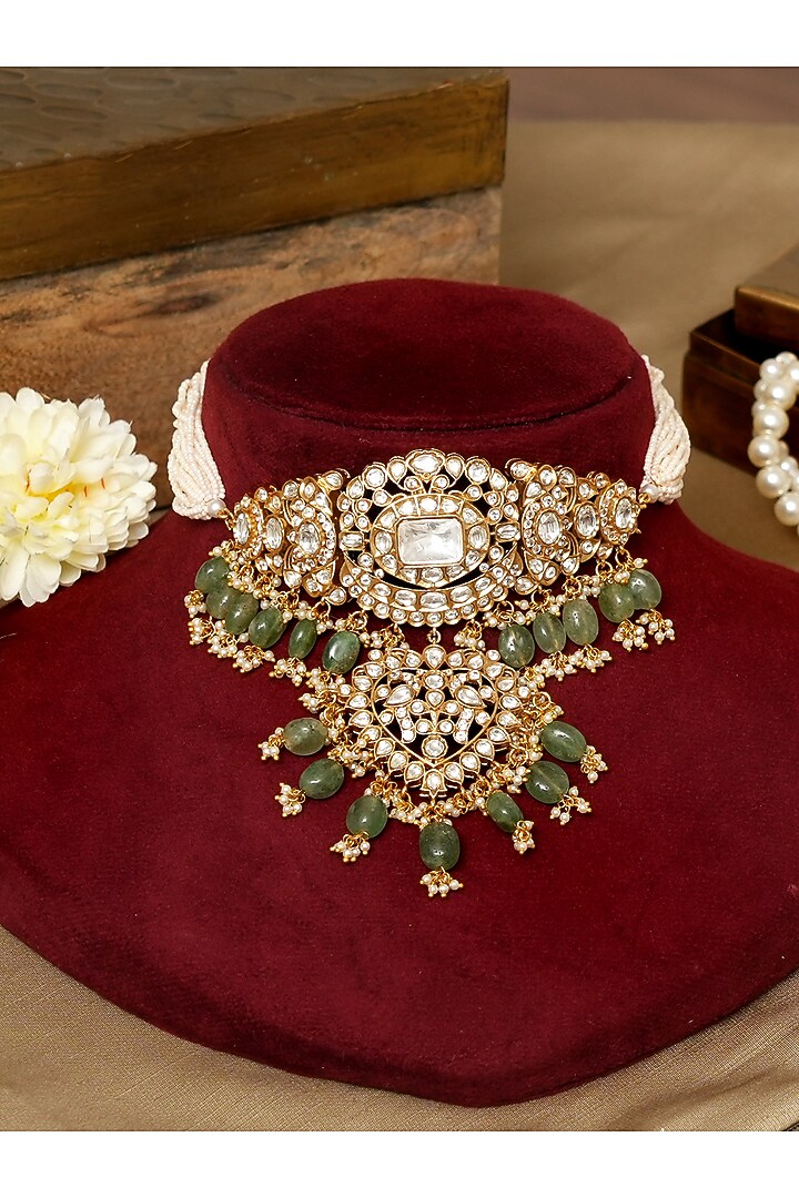 Gold Finish Kundan Polki Stone & Pearl Choker Necklace Set by Beryachi at Pernia's Pop Up Shop