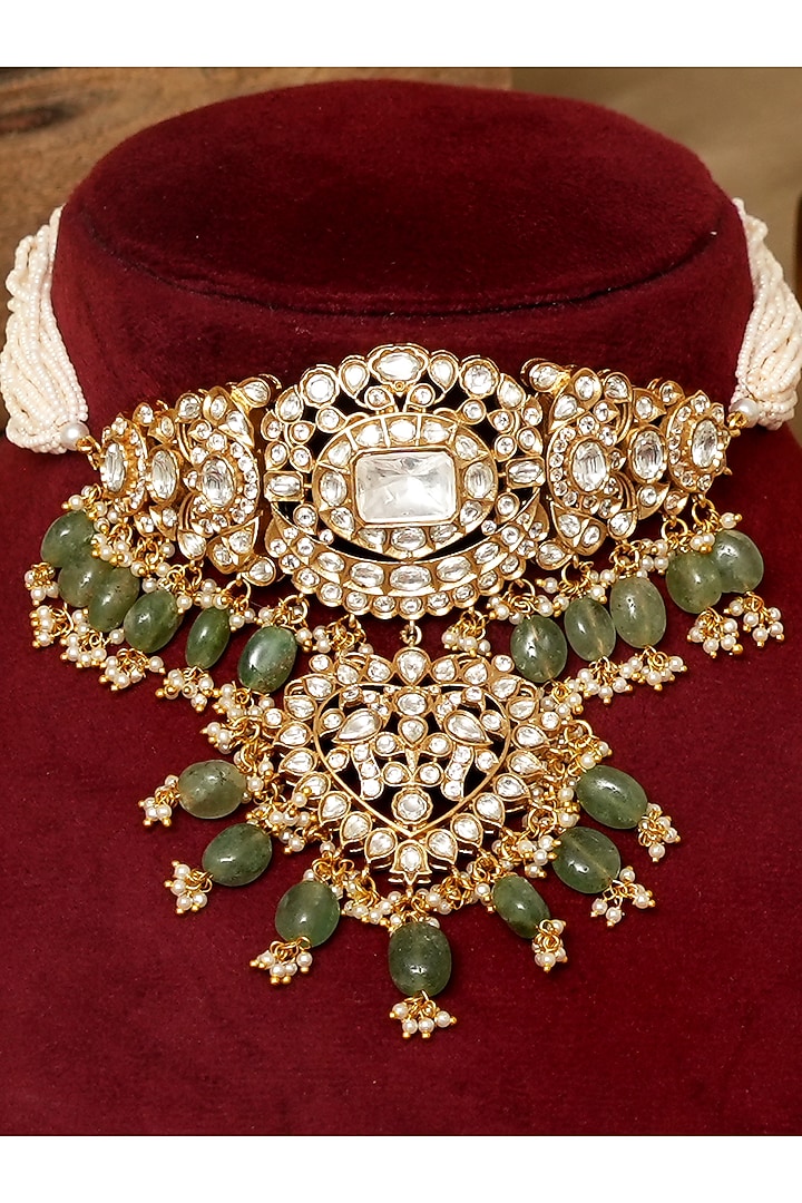 Gold Finish Kundan Polki Stone & Pearl Choker Necklace Set by Beryachi at Pernia's Pop Up Shop