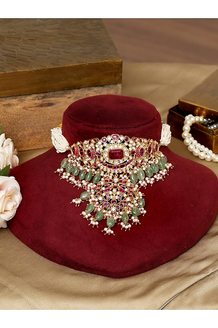 Gold Finish Kundan Polki & Ruby Stone Choker Necklace Set by Beryachi at Pernia's Pop Up Shop