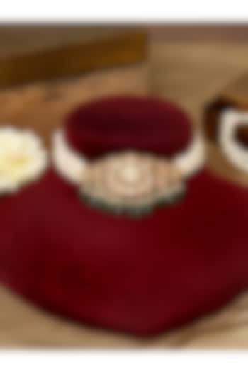 Gold Finish Kundan Polki & Pearl Choker Necklace Set by Beryachi at Pernia's Pop Up Shop