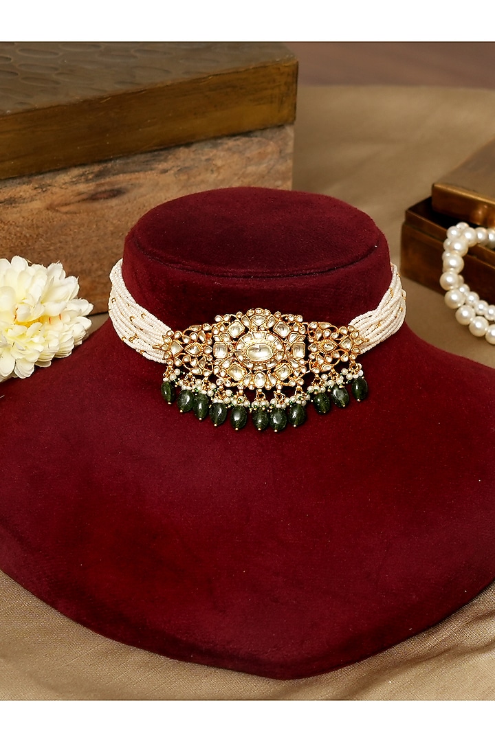 Gold Finish Kundan Polki & Pearl Choker Necklace Set by Beryachi at Pernia's Pop Up Shop