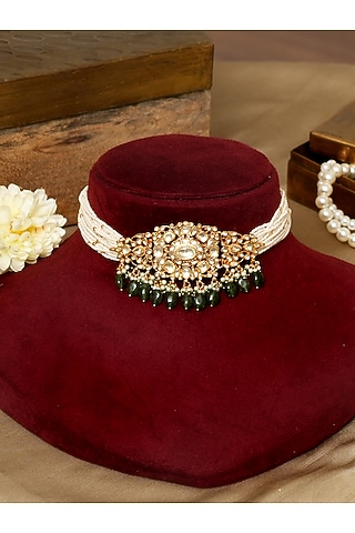 Gold Finish Kundan Polki & Pearl Choker Necklace Set by Beryachi