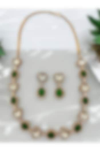 Gold Finish Kundan Polki & Emerald Green Stone Necklace Set by Beryachi at Pernia's Pop Up Shop