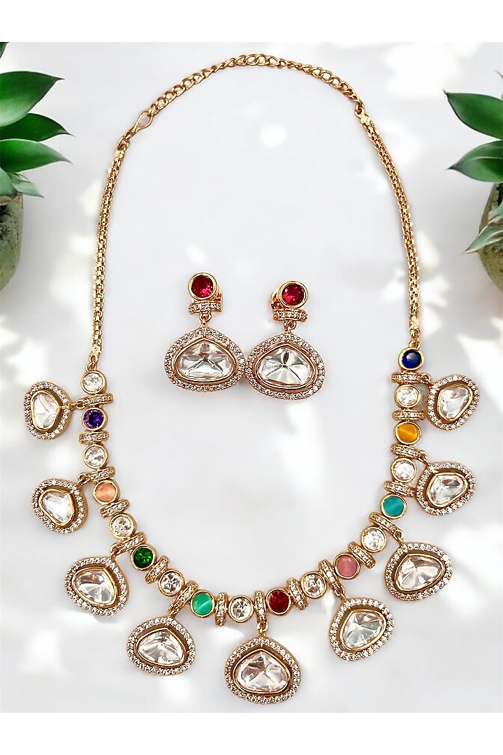 Gold Finish Multi-Colored Kundan Polki Necklace Set by Beryachi at Pernia's Pop Up Shop