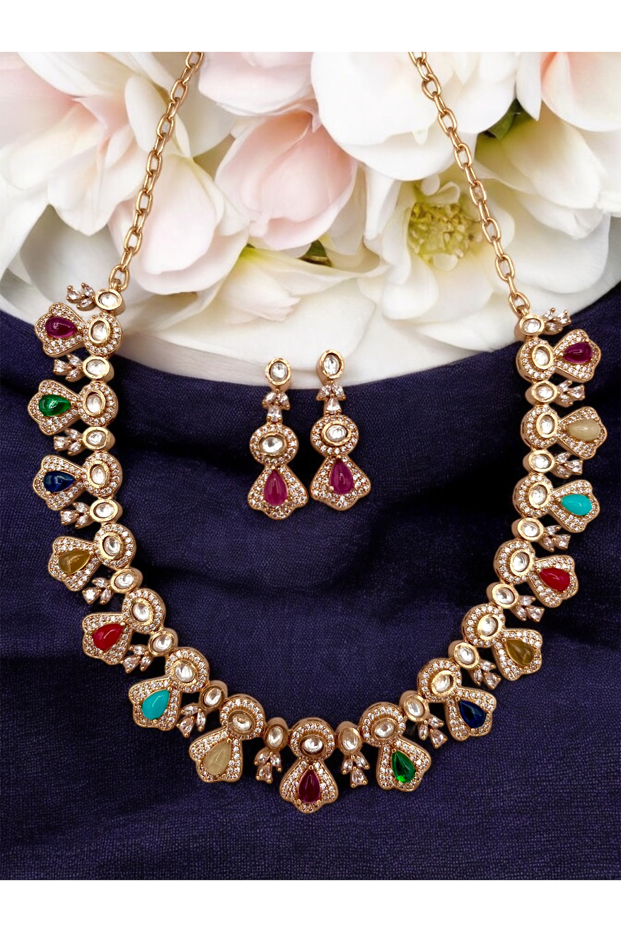 Gold Finish Kundan Polki & Navratna Gemstone Floral Necklace Set by Beryachi at Pernia's Pop Up Shop