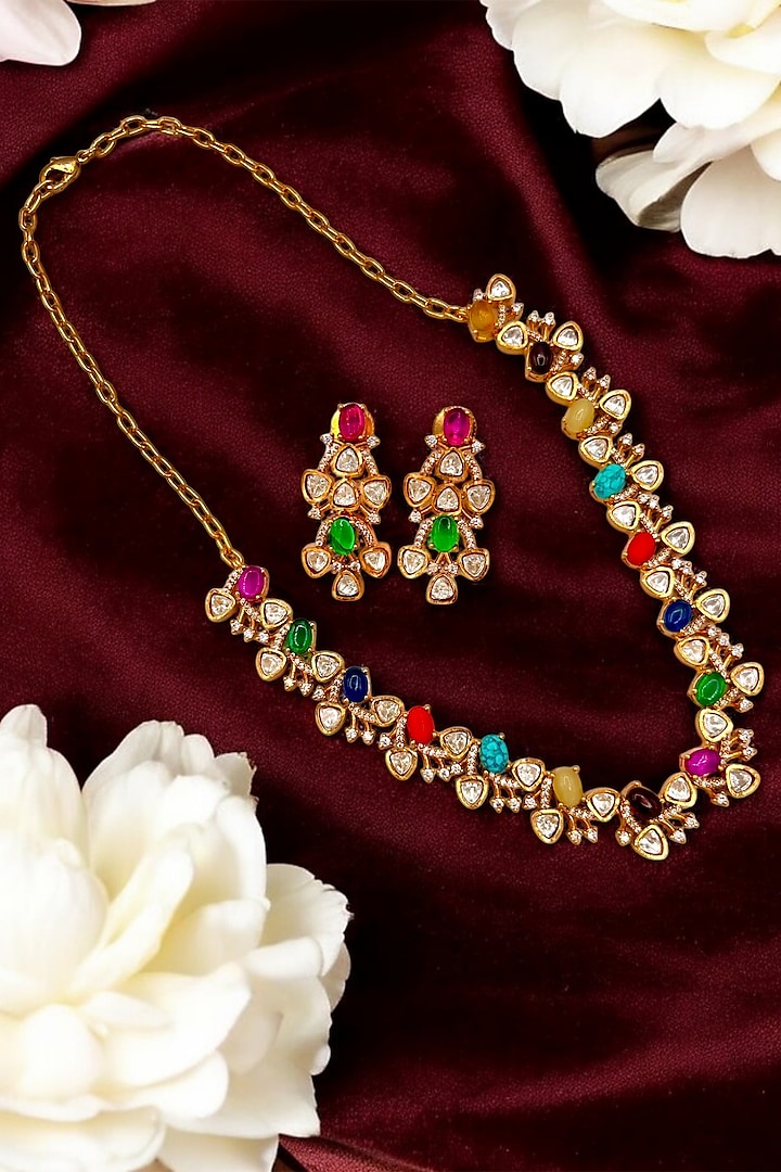 Gold Finish Kundan Polki & Navratna Gemstone Necklace Set by Beryachi at Pernia's Pop Up Shop