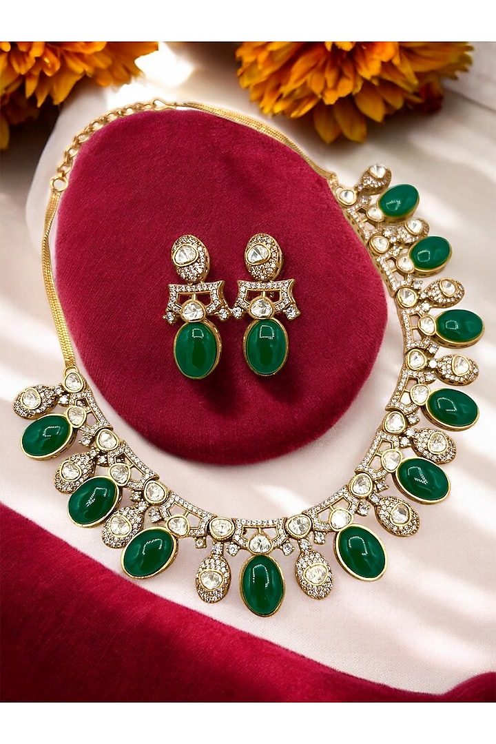 Gold Finish Emerald Green Kundan Polki Necklace Set by Beryachi at Pernia's Pop Up Shop