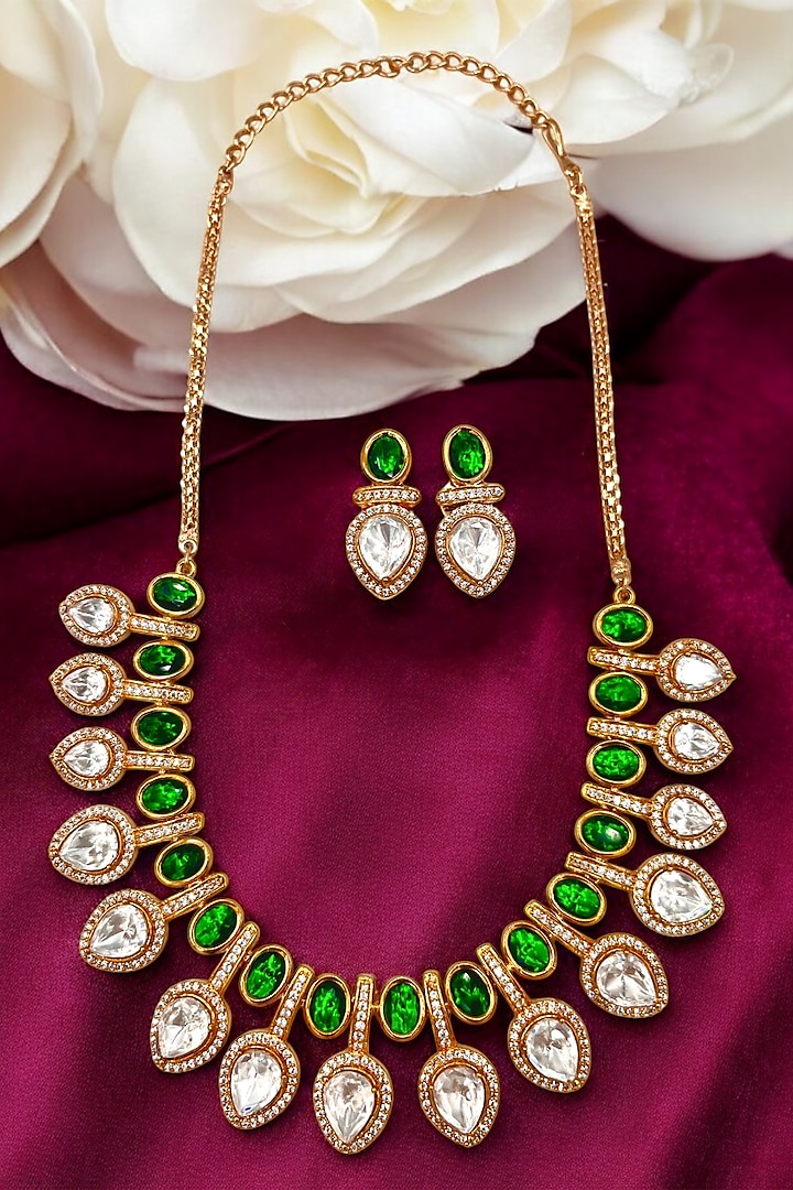 Gold Finish Green Kundan Polki Necklace Set by Beryachi at Pernia's Pop Up Shop