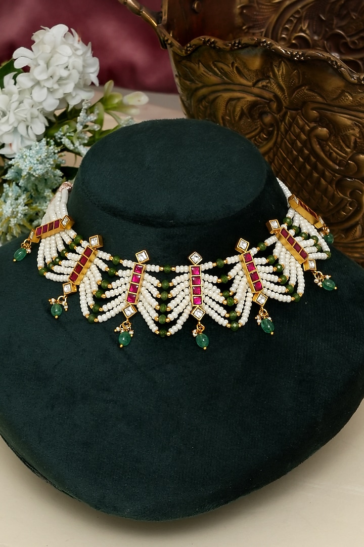 Gold Plated Kundan Polki & Red Stone Necklace Set by Beryachi at Pernia's Pop Up Shop