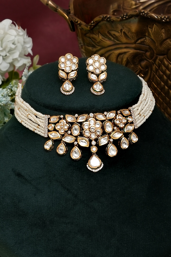 Gold Finish Kundan Polki & White Stone Necklace Set by Beryachi at Pernia's Pop Up Shop
