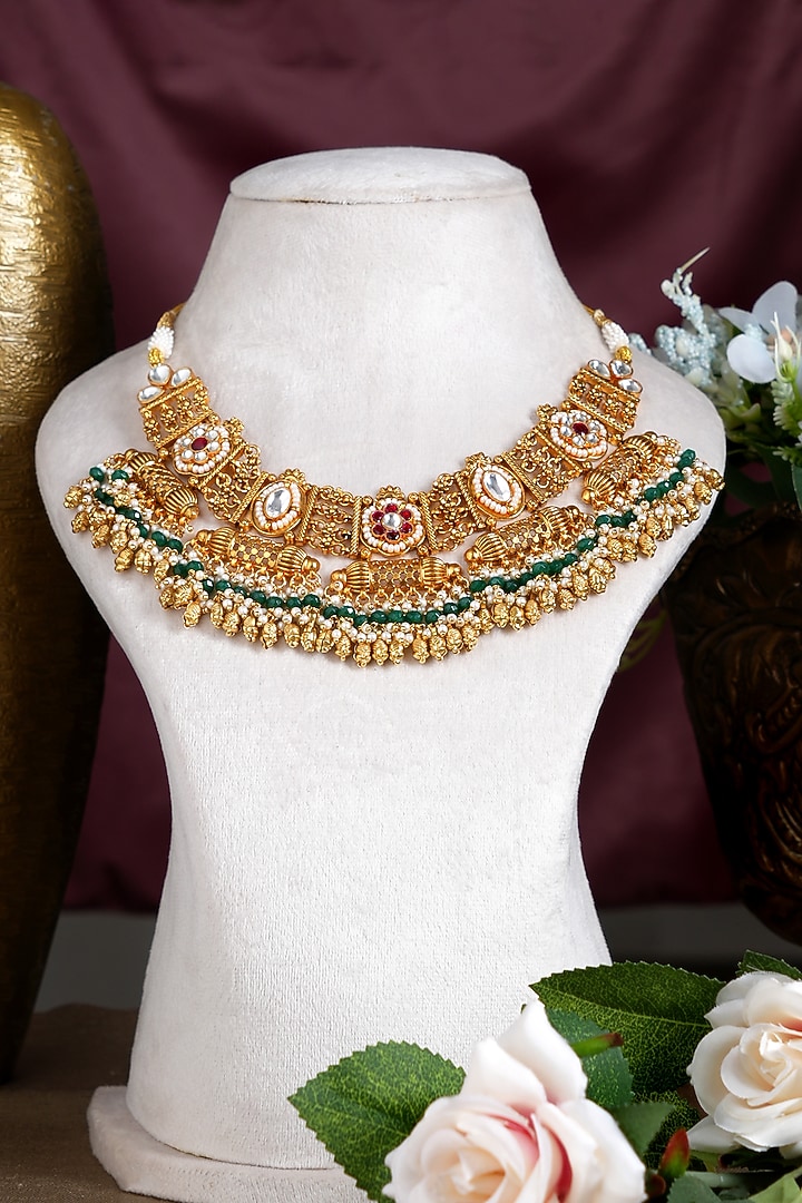 Gold Finish Kundan Polki & Red Stone Necklace Set by Beryachi at Pernia's Pop Up Shop