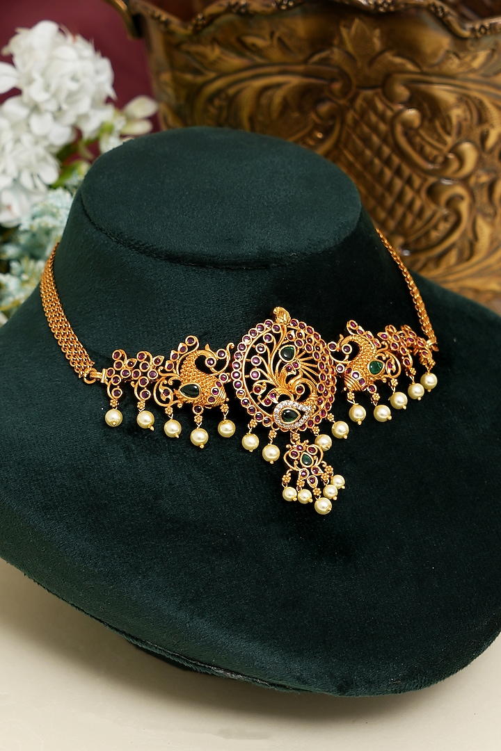 Gold Finish Kundan Polki & Multi-Colored Stone Necklace Set by Beryachi at Pernia's Pop Up Shop