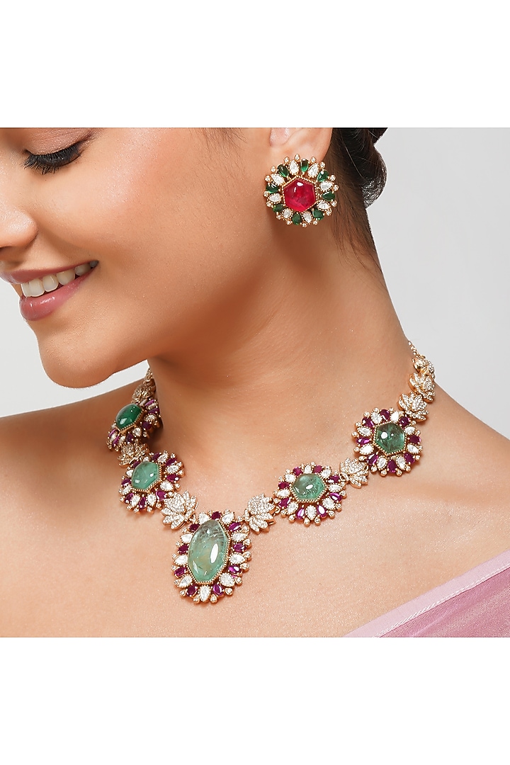Gold Finish American Diamond & Mint Green Kundan Polki Necklace Set by Beryachi at Pernia's Pop Up Shop