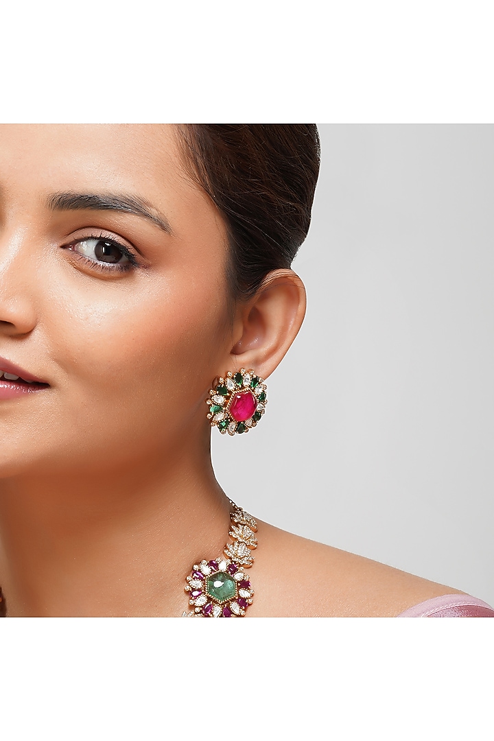 Gold Finish American Diamond & Mint Green Kundan Polki Necklace Set by Beryachi at Pernia's Pop Up Shop