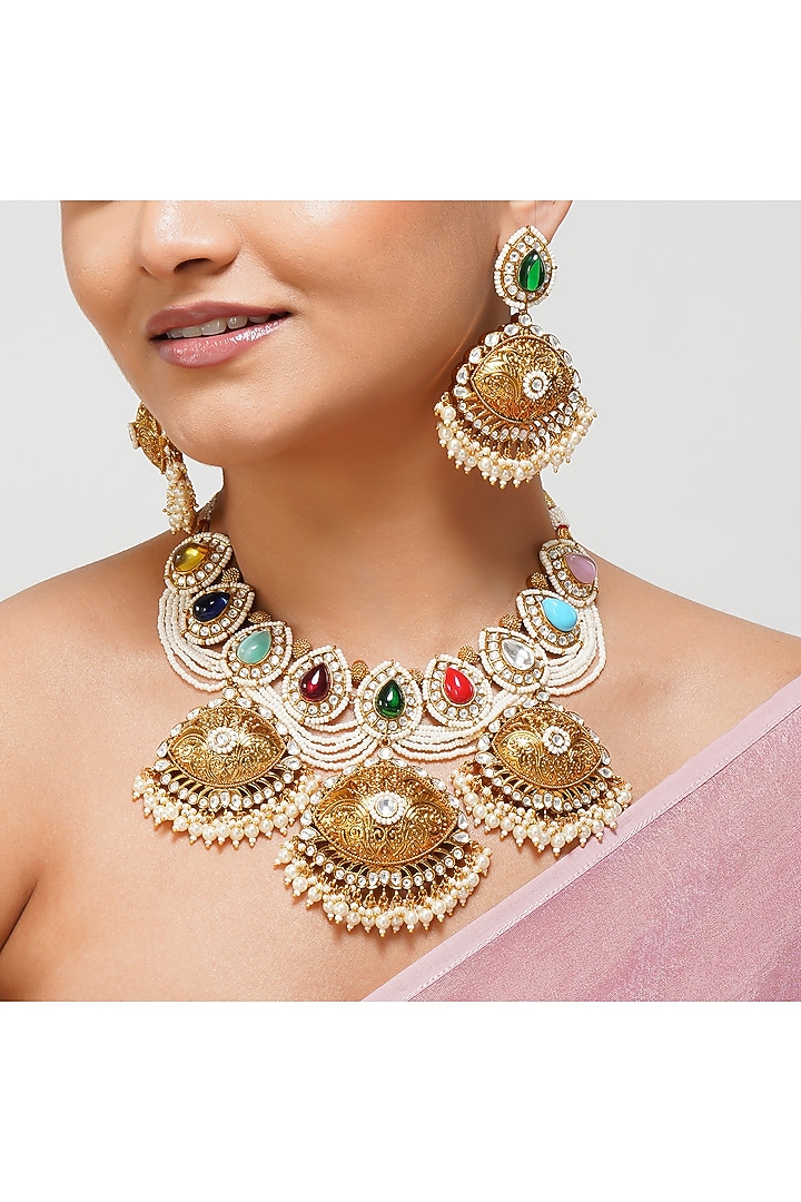 Gold Finish Navratan Kundan Polki Layered Necklace Set by Beryachi at Pernia's Pop Up Shop