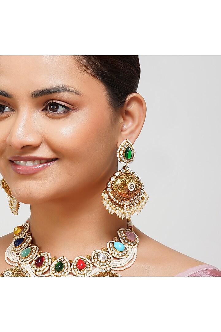 Gold Finish Navratan Kundan Polki Layered Necklace Set by Beryachi at Pernia's Pop Up Shop