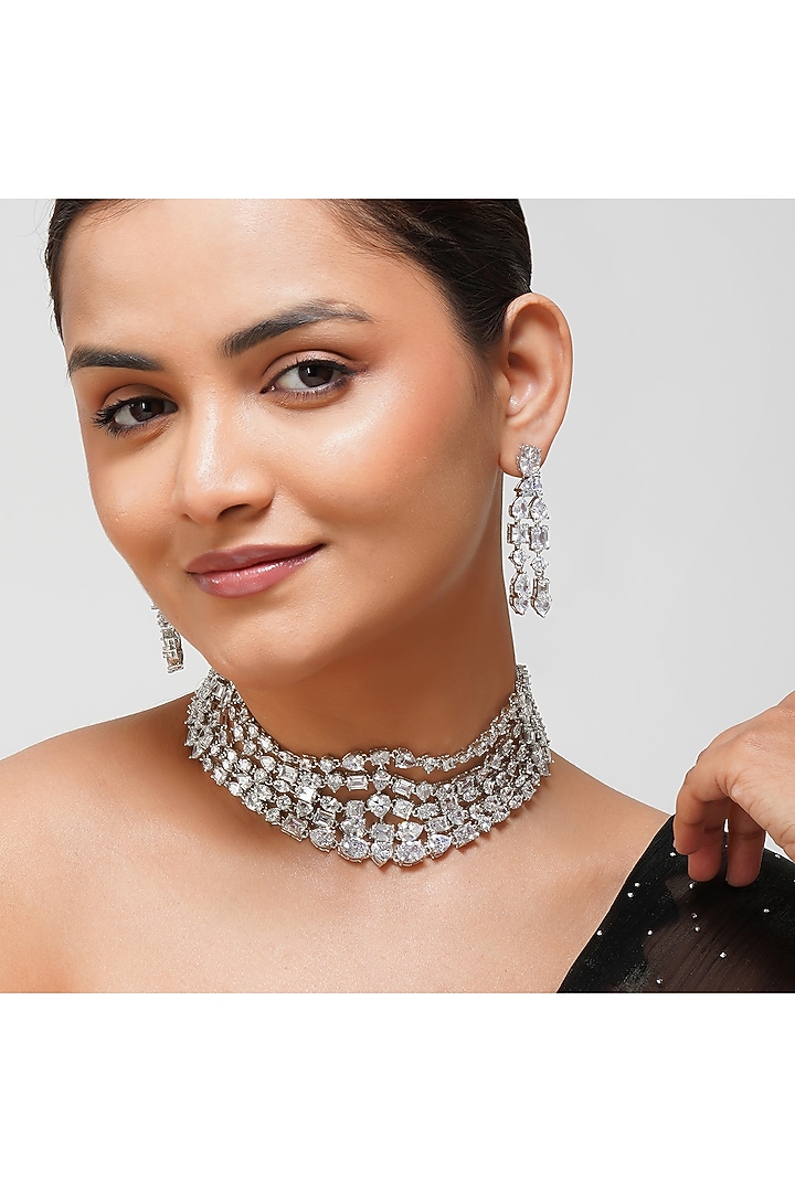 White Finish Square & Pear-Shaped Zircon Layered Necklace Set by Beryachi at Pernia's Pop Up Shop