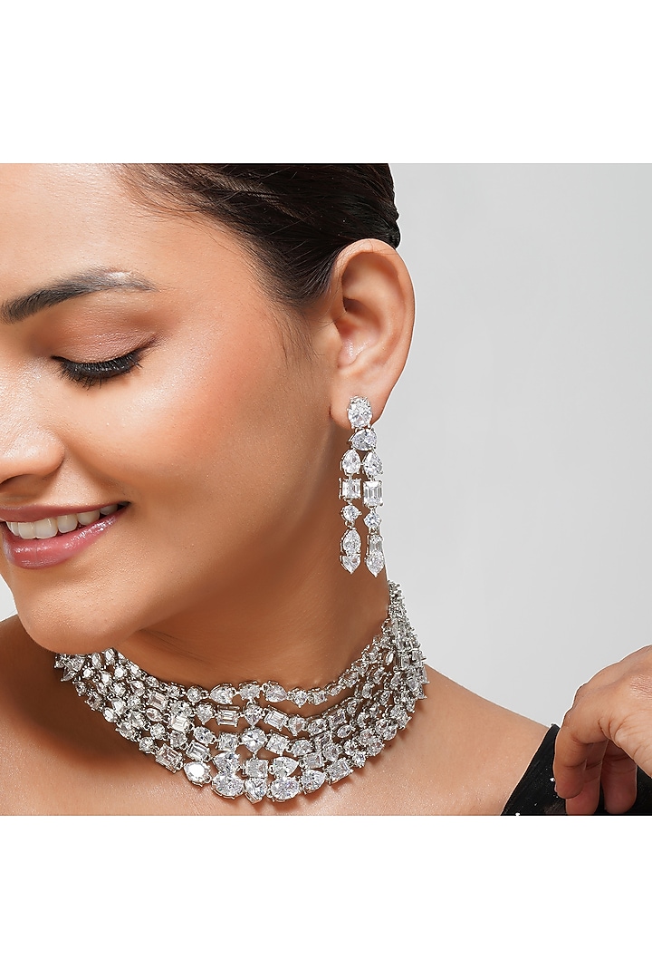 White Finish Square & Pear-Shaped Zircon Layered Necklace Set by Beryachi at Pernia's Pop Up Shop