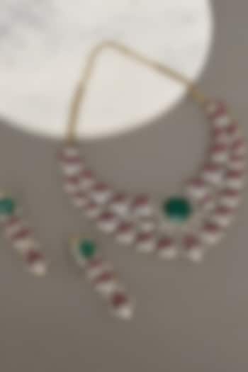 White Finish Ruby & Emerald Stone Necklace Set by Beryachi at Pernia's Pop Up Shop