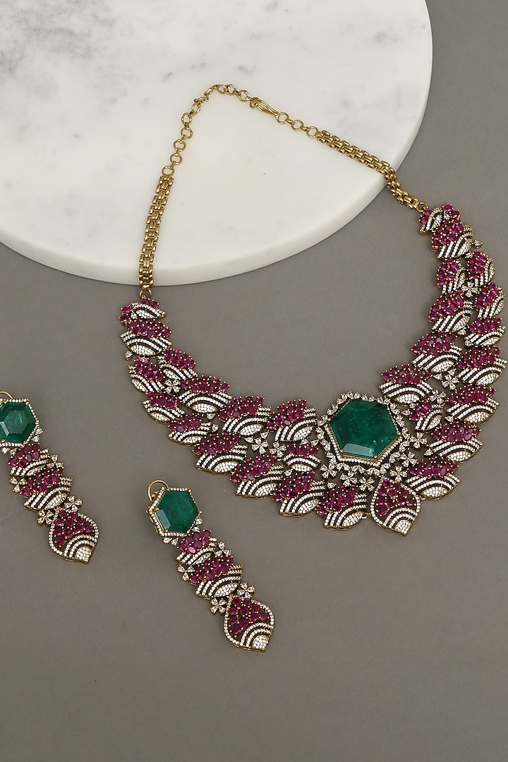 White Finish Ruby & Emerald Stone Necklace Set by Beryachi at Pernia's Pop Up Shop