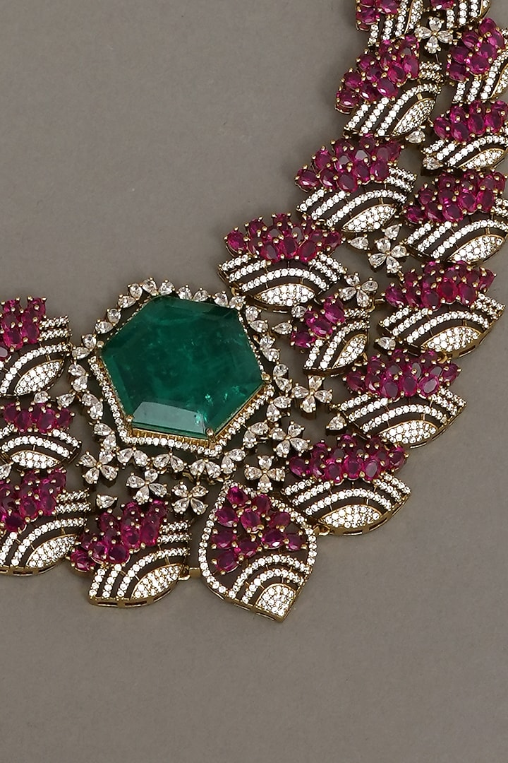 White Finish Ruby & Emerald Stone Necklace Set by Beryachi at Pernia's Pop Up Shop