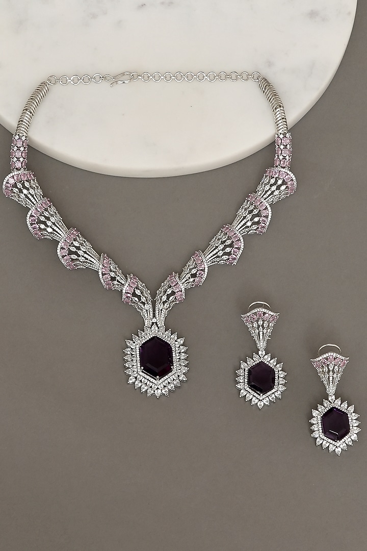 White Finish Zircon & Lavender Stone Necklace Set by Beryachi at Pernia's Pop Up Shop