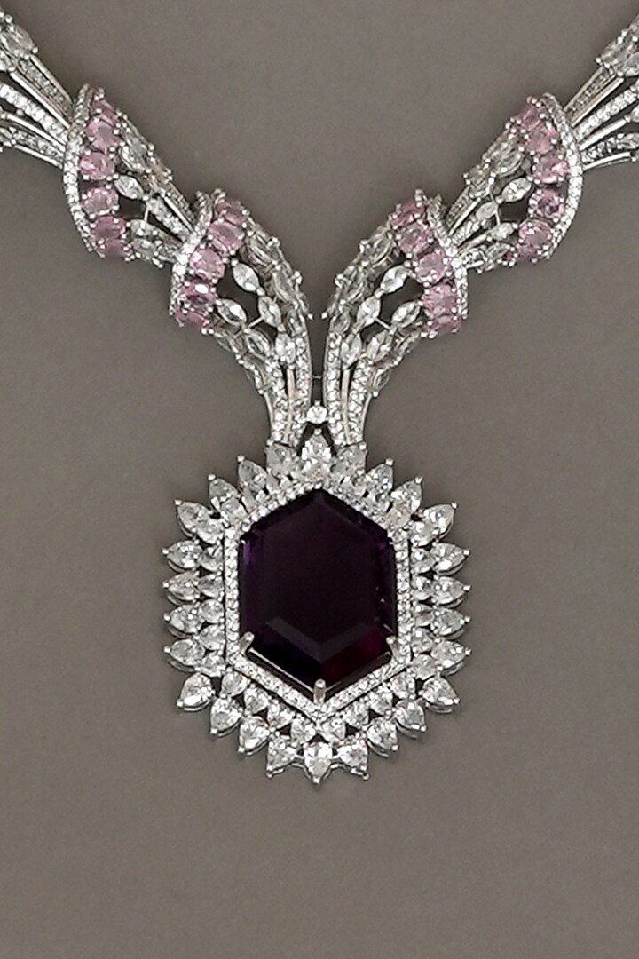 White Finish Zircon & Lavender Stone Necklace Set by Beryachi at Pernia's Pop Up Shop