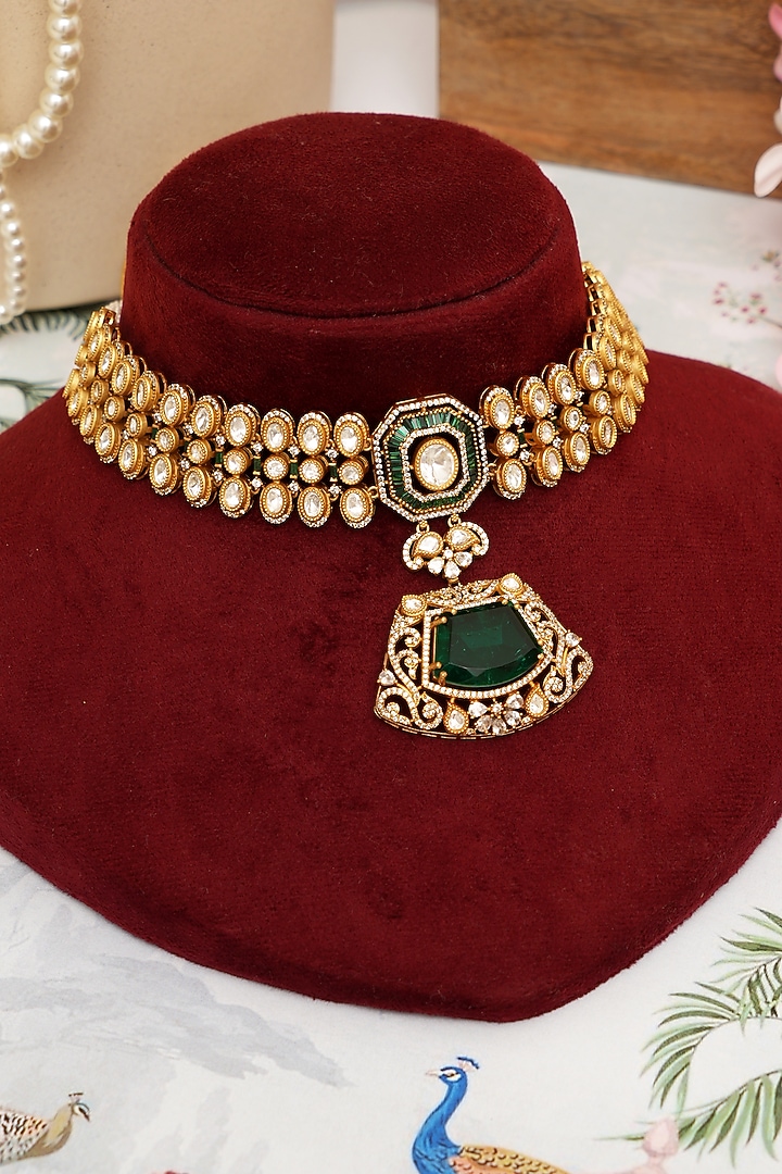 Gold Plated Kundan Polki & Emerald Stone Choker Necklace Set by Beryachi at Pernia's Pop Up Shop
