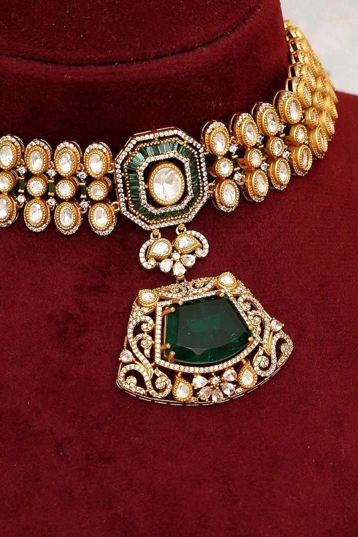 Gold Plated Kundan Polki & Emerald Stone Choker Necklace Set by Beryachi at Pernia's Pop Up Shop