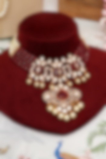 Gold Plated Kundan Polki & Red Stone Necklace Set by Beryachi at Pernia's Pop Up Shop