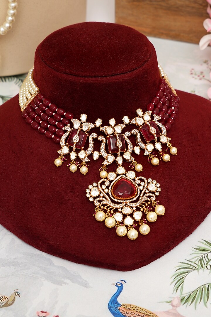 Gold Plated Kundan Polki & Red Stone Necklace Set by Beryachi at Pernia's Pop Up Shop