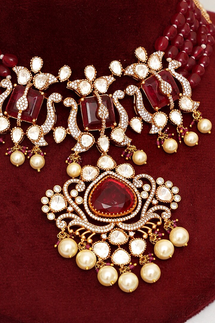Gold Plated Kundan Polki & Red Stone Necklace Set by Beryachi at Pernia's Pop Up Shop