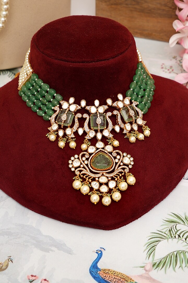 Gold Plated Kundan Polki & Green Stone Necklace Set by Beryachi at Pernia's Pop Up Shop