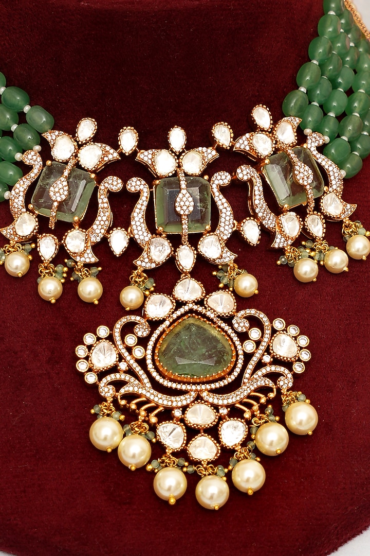 Gold Plated Kundan Polki & Green Stone Necklace Set by Beryachi at Pernia's Pop Up Shop