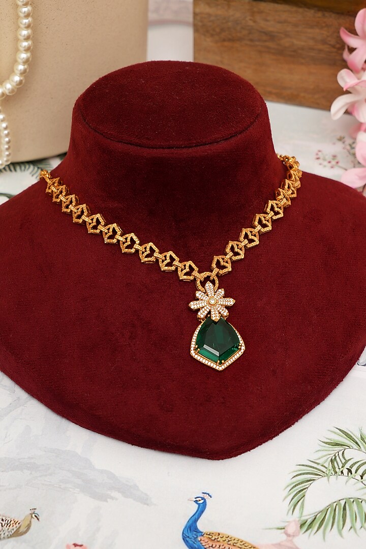 Gold Plated Emerald Green Stone Pendant Chain Necklace Set by Beryachi at Pernia's Pop Up Shop