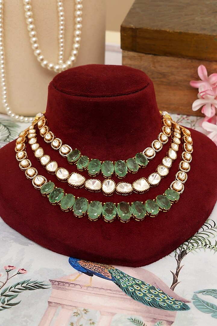 Gold Plated Kundan Polki & Mint Green Stone Layered Necklace Set by Beryachi at Pernia's Pop Up Shop