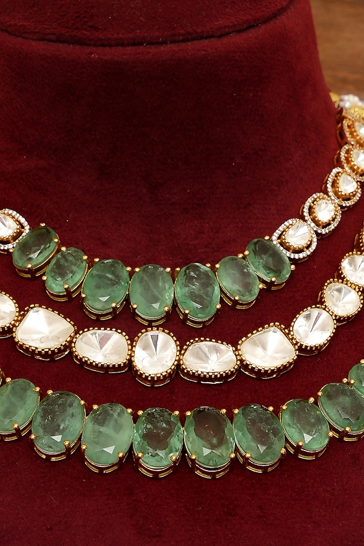 Gold Plated Kundan Polki & Mint Green Stone Layered Necklace Set by Beryachi at Pernia's Pop Up Shop