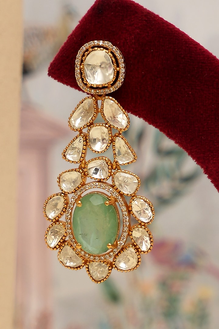 Gold Plated Kundan Polki & Mint Green Stone Layered Necklace Set by Beryachi at Pernia's Pop Up Shop