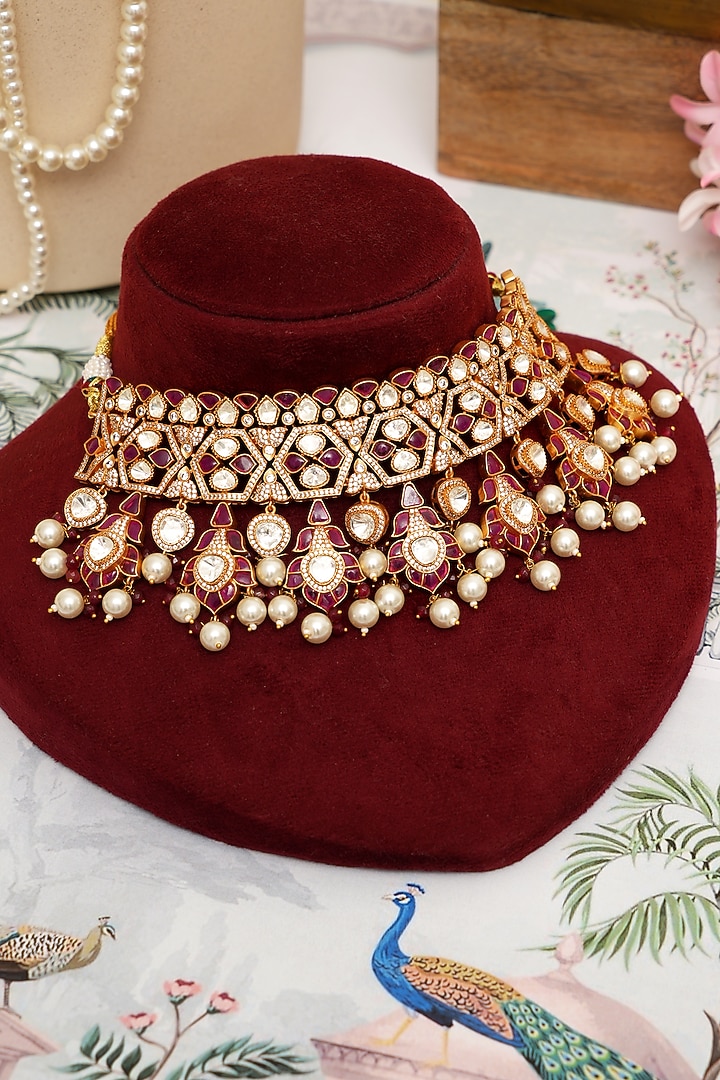 Gold Plated Red Kundan Polki Necklace Set by Beryachi at Pernia's Pop Up Shop